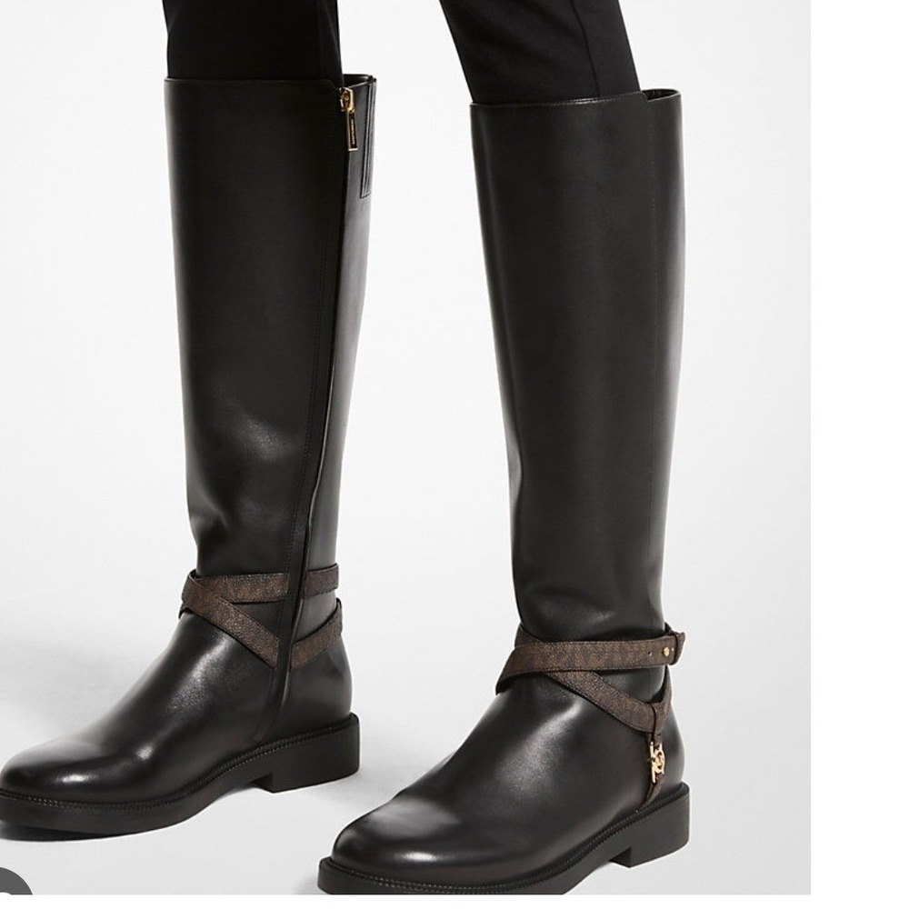 Michael Kors Mandy Knee High Boot Womens 7.5 Black Faux Leather Logo Harness New